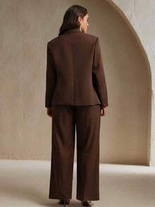 Elegant Chocolate Brown Plus Size Women's Suit Set, Single-Button Blazer, Regular Sleeves, Matching Trousers, Non-Stretch Fabric, Suitable For Autumn/Winter Wear - Brown - View 2