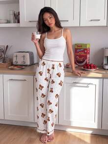 Solid Color Camisole Top And Textured Jacquard Bear Print Long Pants Loungewear Pajama Set - White - View 4