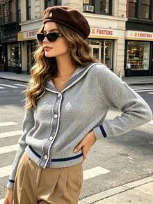 Preppy Contrast Trim Sailor Collar Sweater, Textured Single-Breasted Short Casual Knit Cardigan - Grey - View 3