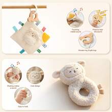 1 Set Mainan Sensorik Bayi Domba, Mainan Kerincingan Domba Plush dan Selimut Pengaman Domba dengan Gantungan Gigitan Beruang Kayu, Mainan Lembut untuk Menenangkan Bayi Baru Lahir - Aprikot - View 4