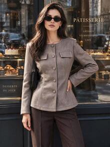 Women's New Elegant Round Neck Wool Blend Blazer Coat, Herringbone Pattern Button Front Jacket, Suitable For Daily Commute Wear - Grey - View 5