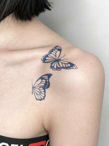 1pc Herbal Juice Semi-Permanent Magic Tattoo Sticker, INS Style Butterfly Design, Long-Lasting 14 Days, No Fading, Non-Reflective, Temporary Tattoo Sticker For Arm, Shoulder, Neck, Collarbone, Leg And Body - Blue - View 2
