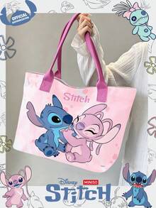 Miniso Disney Stitch & Angel Pink Tie-Dye Canvas Tote Bag, Casual Shoulder Bag With Handle, Suitable For Daily Use - Pink - View 3
