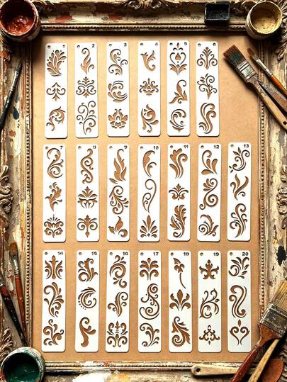 20pcs European Vintage Floral Hollow Stencil, Wide Application For Wood, Wall, Canvas, Fabric, Home Decor, Window Glass, Holiday Party, Painting, DIY Handmade Ceramic, Nails, Journal, Greeting Card, Gift Box, Photo Frame Border, Washable And Reusable