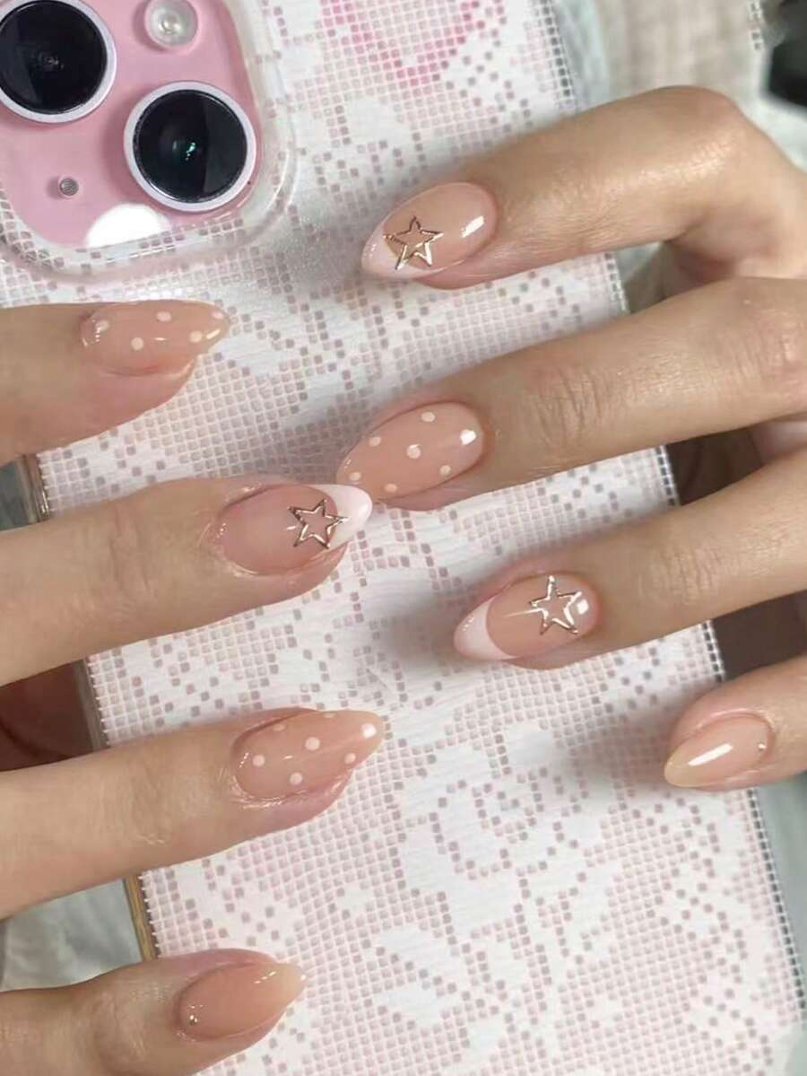 30pcs Short Almond Shape Press-On Nails, Polka Dot And Star Pattern Design, Acrylic Fake Nails Set, Includes: 1pc Jelly Glue And 1pc Nail File. Suitable For Autumn/Winter Nails. - Multicolor - View 1