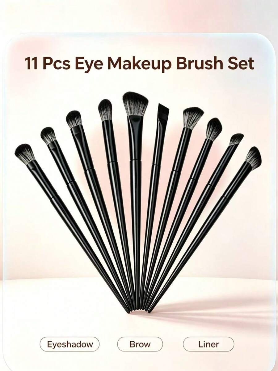 Set Kuas Rias Mata Hitam 11 Buah, Set Kuas Blending Eyeshadow Profesional, Cocok untuk Alis, Kontur Hidung, Concealer, Highlighter, Alat Rias Mata Bulu Sintetis Lembut, Cocok untuk Pemula - Hitam - View 1