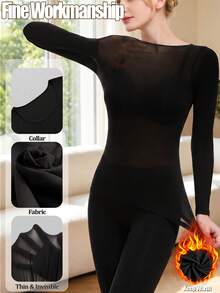 Women's Seamless Ultra-Thin Warm Long Sleeve Crew Neck Base Layer Top, Lightweight Autumn/Winter Layering Shirt - Black - View 4