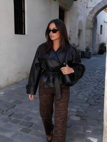 Women's Solid Color PU Leather Long Sleeve Single-Breasted Tie Waist Autumn/Winter Fashion Casual Jacket Fall - Black - View 1