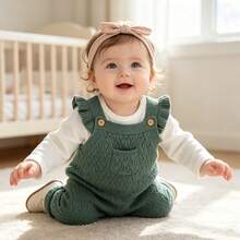 1pc Spring/Autumn New Baby Infant Sleeveless Romper, Baby Girl Flutter Sleeve Solid Color Jumpsuit, Comfortable Soft Baby Boy Front Pocket Outfit, Versatile Newborn Romper Crawl Suit, White Long Sleeve Inner Layer Not Included - Green - View 1