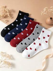 5 Pairs Minimalist Small Heart Jacquard Mid-Calf Socks, Multi-Color All-Match Heart Pattern Socks, Versatile Casual Socks For Girls - Multicolor - View 9