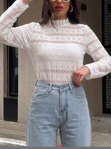 SUNSTORY Autumn White Frill Trim Semi-High Neck Hollow Lace Long Sleeve Top, Floral Jacquard Sheer Base Layer, Elegant Basic Style, Suitable For Commuting, Outings, Church, Daily Wear - White - View 11