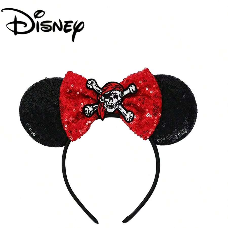 1pc Disney Minnie Ear Headband, Black Sequin Material With Red Bow Decor, Skull And Crossbones Pattern On Top. Designed For Pirate Adventure Theme Park, Perfect For Women To Express Pirate Style And Adventurous Spirit - Multicolor - View 1