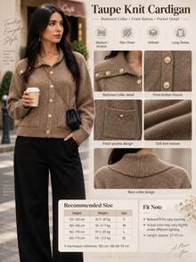 Women's Solid Color Knit Cardigan, Button Collar, Front Button Closure, Long Sleeve Top, Pocket Design, Casual Vintage Preppy Style, Suitable For Autumn And Winter Wear - Khaki - View 5