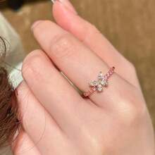 French Elegant Sparkling Red Zirconia Inlaid 18K Gold Plated Sweet Versatile Butterfly Open Ring - Red - View 5