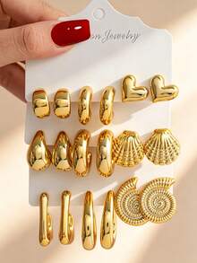 6/18pcs Anting-anting Lingkaran Emas Multi-Elemen Bentuk C, Hati, dan Tetesan Air dari Cangkang Kerang yang Elegan, Cocok untuk Pemakaian Sehari-hari Wanita, Hadiah Liburan - Emas - View 10