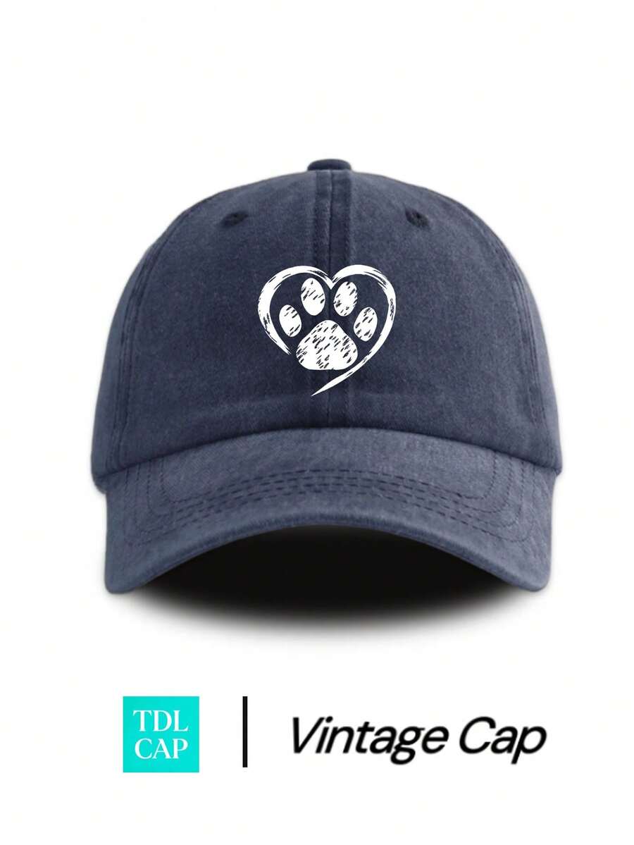 1pc Distressed Dog Paw Print Washed Baseball Cap, Classic Casual Vintage Style, Soft Sweat-Absorbing Band, Adjustable Size, Sun Protection, Versatile Retro Dad Hat