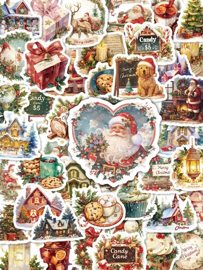 50Pcs Vintage Watercolor Christmas Sticker Pack, Assorted Christmas Stickers With Santa Claus Winter House Holiday Decals, Christmas Party Decor Stickers For Journaling, Scrapbooking, Gift Wrapping & Personal Item DIY Accessories