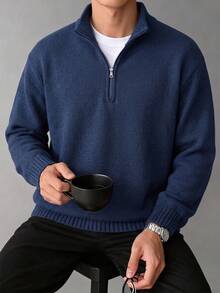 1pc Teen Boys' Fashionable Solid Color Comfortable Casual Pullover Sweater, Suitable For Outdoor, Layering Or Outerwear, Warm & Thick Knit, Autumn/Winter - Navy Blue - View 3