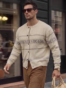 Men Autumn‑Winter Geometric Fair Isle Knit Cardigan, Button Front Long Sleeve Relaxed Sweater, Old Money Style For Holiday Festival Daily Wear - Apricot - View 7