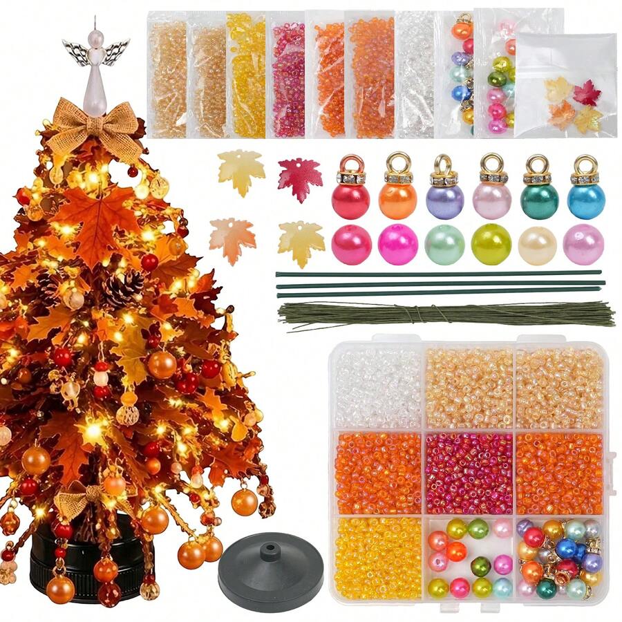 Autumn Beaded Tree Craft Kit - DIY Desktop Maple Tree Metal Wire Handmade Set, With Instructions/Acrylic Maple Leaves/Angel Tree Topper/LED Lights, For Adult Thanksgiving Crafts And Fireplace Mantel Decor - Brown Autumn Style - View 1