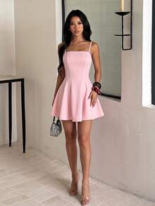 Autumn Solid Color Square Neck Patchwork Spaghetti Strap Dress Women's Elegant Dress - Pink - View 4