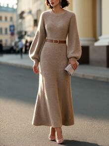 Women's Autumn/Winter Grey Brown Soft Ribbed Knit Crew Neck Lantern Sleeve Fitted Long Sweater Dress, Elegant Casual Daily Commute Layering Style - Maroon - View 6
