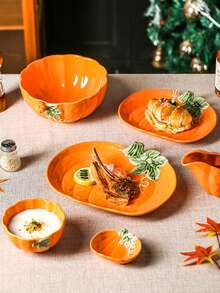 1pc Pumpkin Ceramic Gravy Boat, Autumn Harvest Pumpkin Ceramic Sauce Boat, Suitable For Home Kitchen Restaurant Use, Condiment Sauce Pot, Gravy Sauce, Salad Dressing, Kitchen Tableware, Gift, Holiday Decoration - Multicolor - View 4