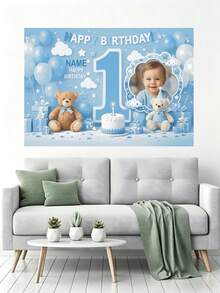 Customizable Name & Photo Blue 1st Birthday Teddy Bear Backdrop, Birthday Cake Cloud Flag Decor Design, Personalized Baby Shower Party Background, Photography Banner Prop, Vinyl Material - Blue - View 7
