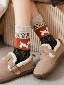 1/5/10 Pairs Vintage Fair Isle Puppy Comfortable Soft Warm Mid-Calf Socks, Long Socks, Cute Socks For Autumn And Winter - Multicolor - View 2
