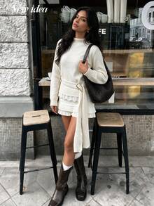 NEW IDEA Women's Casual Off‑White Fall Winter Sweater, Knit Top With Metal Buckle Belt And Lace Hem Splicing For Daily, Commute, Dating, Going Out - Apricot - View 6