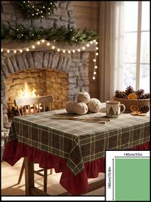 1pc Green Brown Red Classic Large Plaid Tablecloth Traditional Country Style Rectangular Burgundy Ruffle Edge Pleated Detail Stain-Resistant Protective Tablecloth For Home Long Table Suitable For Christmas Family Gathering And Winter Holiday Dining Room Decor - Green - View 19
