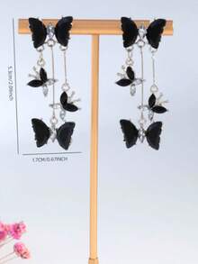 New Butterfly Flying Fairy Tassel Stud Earrings, Exquisite Luxury Elegant Cool High-End Fashion Ear Jewelry - Black - View 5