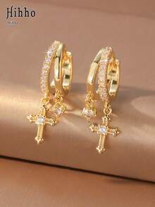 Hihho 2pcs/Set Elegant Atmosphere Gold & Silver Dual-Color Multi-Style Sunflower, Flower, Cross Pendant Rhinestone Hoop Earrings Set For Women, Daily Wear, Holiday Gift, Multi-Piercing Layering Accessory - Multicolor - View 17