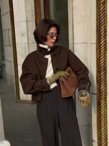 معطف نسائي بني بياقة قائمة منسوج بأكمام طويلة مع تفاصيل أزرار، ضروري موضة الخريف/الشتاء - قهوة بني - مشاهدة 8