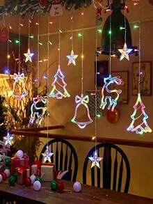 LED Christmas Curtain String Lights, Curtain Lights, Star, Christmas Tree, Bell, Reindeer Shapes, Warm White / Colorful, 8 Flashing Modes, USB Powered, Suitable For Indoor Window, Bedroom, Window, Wall, Bay Window, Fits Home Party, Store Window Holiday Decor, Christmas Party - Christmas Reindeer Bell Curtain Lights - View 4