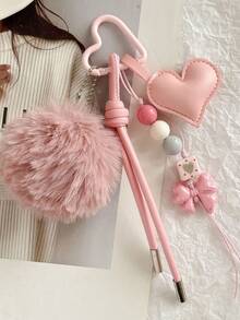 Korean Cute Fluffy Pom-Pom Beaded Keyring, Carabiner Phone Lanyard Bag Accessory - Multicolor - View 9