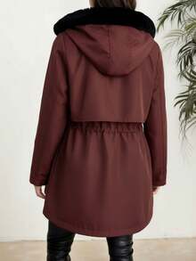 Women's New Drawstring Waist Zipper Placket Casual Winter Hooded Jacket - Burgundy - View 2