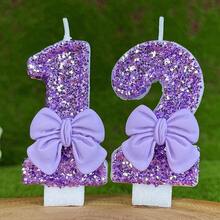 1pc Sparkling Purple Glitter Candle With Luxury Bow Decor, Birthday Party Wedding Decoration - Light Purple Bow Tie - View 3