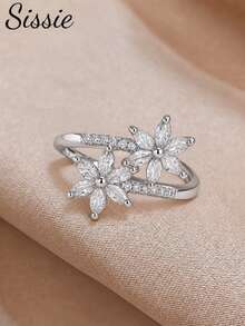 1pc Girl's Cherry Blossom White Square Crystal Ring, Adjustable Flower Ring, Delicate Stackable Jewelry For Girls Party Prom Dates & Daily - one-size - View 1