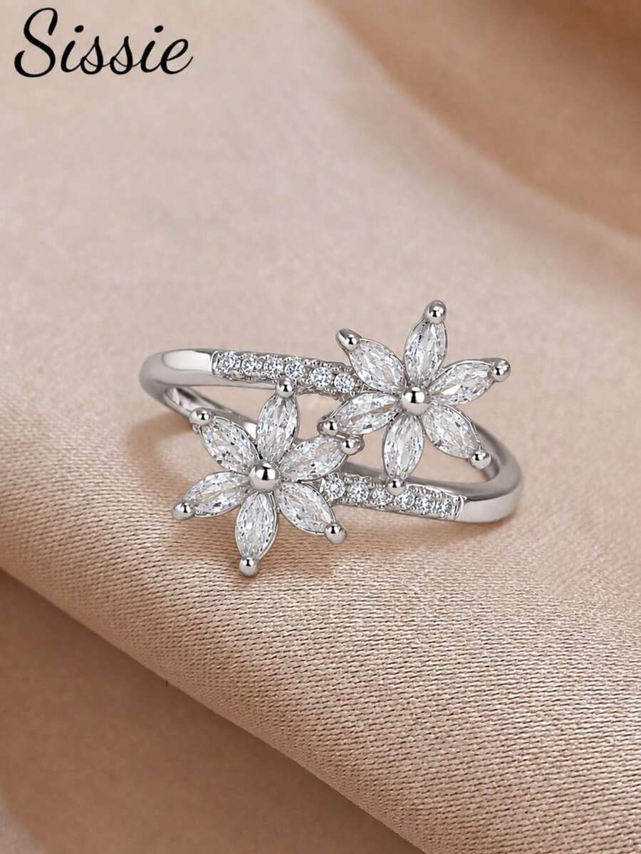 1pc Girl's Cherry Blossom White Square Crystal Ring, Adjustable Flower Ring, Delicate Stackable Jewelry For Girls Party Prom Dates & Daily - one-size - View 1