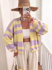 Women's Y2K Lavender & Pale Yellow Striped Cardigan, V-Neck, Dropped Shoulder, Long Sleeve, Vacation Style, Loose Casual Versatile For Autumn/Winter - Purple - View 4