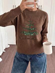 Women's Plus Size Long Sleeve Pullover Sweater, Vintage Hand-Painted Sleigh & Christmas Tree Print, Loose Casual Top, Suitable For Autumn/Winter - Dark Ochre - View 7