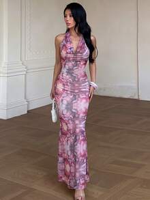 Autumn Floral Print Draped Neck Tie Strap Dress Beach Vacation - Pink - View 3