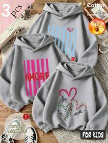 Autumn/Winter 3 Pieces Set Girls Striped, Heart & Letter Print Fleece Hoodie Long Sleeve Y2K Style - Heather Gray+Heather Gray+Heather Gray - View 1
