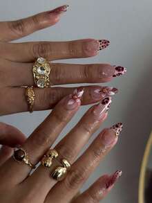 24Pcs Medium Almond Magenta Press On Nails, Irregular Spot French Tips With Brown Ombre, Vintage Purple Floral Pattern & Gold Bead Decor, Elegant Style For Daily Autumn & Winter Wear - Red Violet - View 1