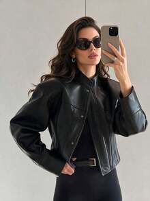 Street Style Schwarze PU-Leder Kurzjacke Damen Stehkragen Langarm Herbst Oberbekleidung - Schwarz - Übersicht 1