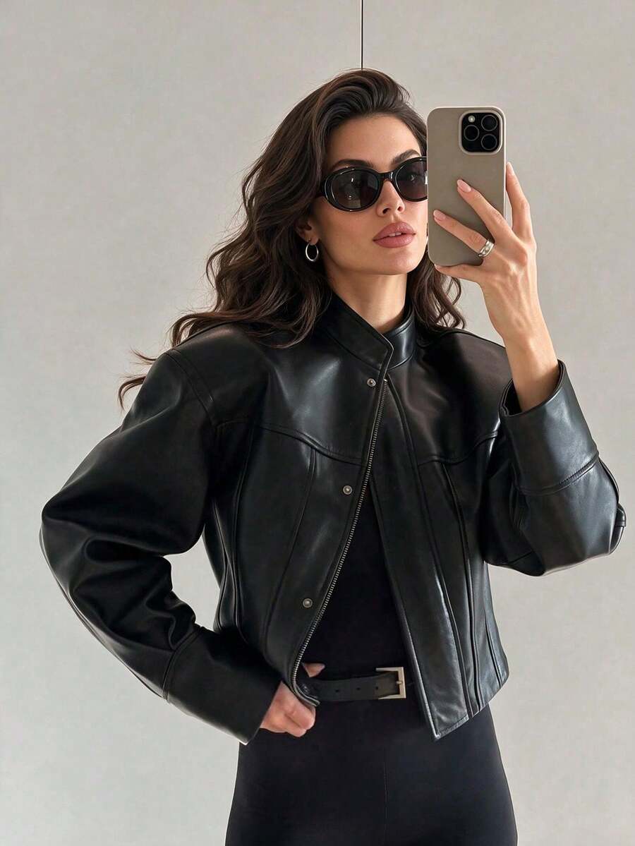 Street Style Schwarze PU-Leder Kurzjacke Damen Stehkragen Langarm Herbst Oberbekleidung - Schwarz - Übersicht 1