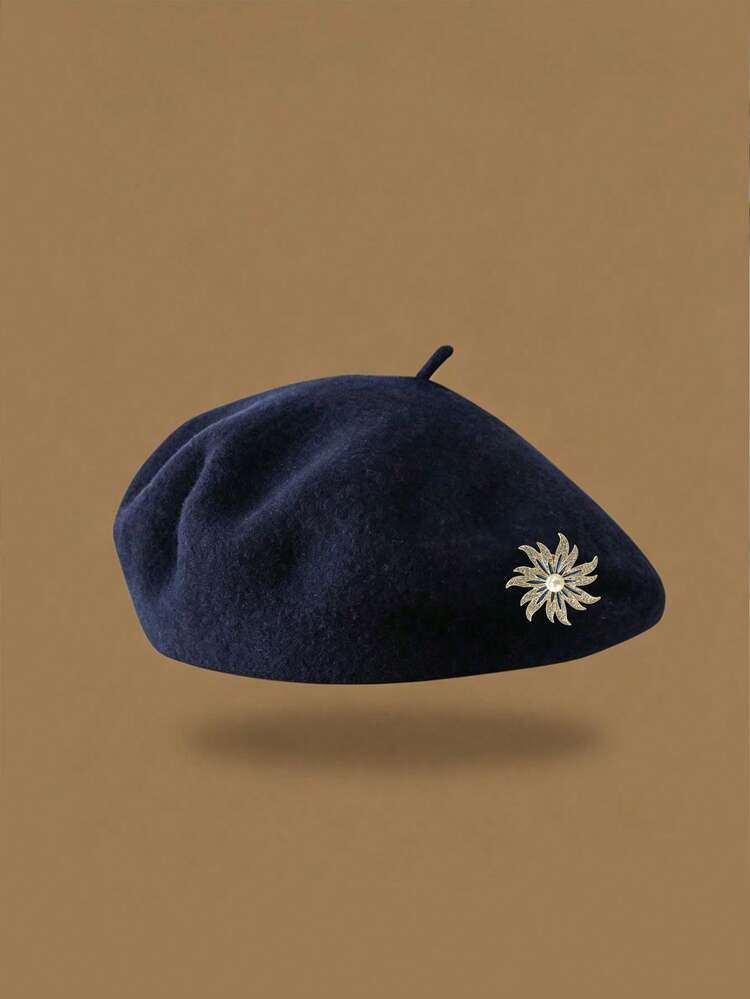 1pc Men's Autumn/Winter Beret Hat With Rhinestone Sunflower Pumpkin Design, Japanese Casual Wool Warm Hat, Premium Niche Design, Vintage Detachable Hat - one-size - View 9