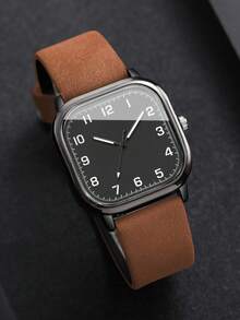 Men's Leather Strap Fashion Casual Square Minimalist Digital Scale Dial Classic Quartz Wrist Watch (1pc/Set) Watch Box Not Included - Brown - View 4