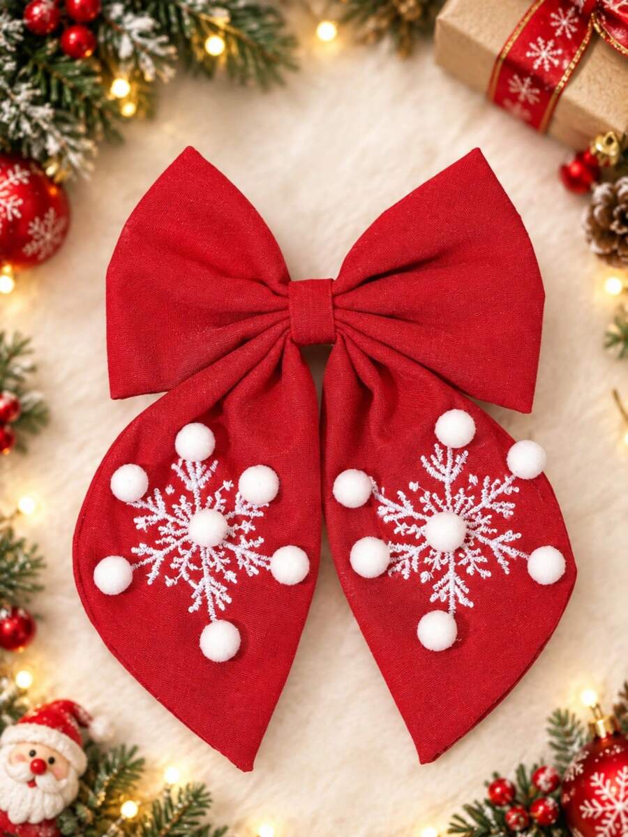 1pc Christmas Red Snowflake Embroidered Pom Pom Bow Hair Clip, Girls Winter Hair Accessory, Party & Daily Wear - Red - View 1